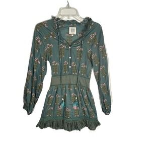 E By Eloise Dress Boho Floral‎ Mini Tassel Tie Smocked Waist Teal Pink Size XS